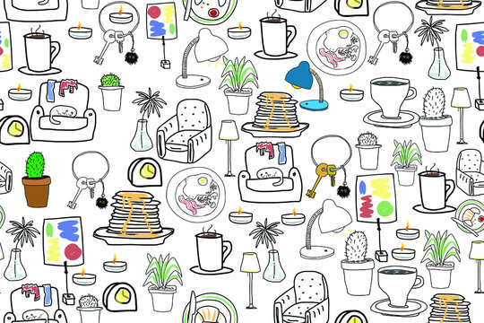 Seamless vector background of household items stylized as hand-drawing.