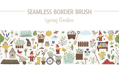 Vector spring garden seamless pattern brush. Gardening themed background. Repeating border with garden tools, flowers, plants isolated on white background..