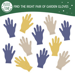 Obraz premium Find two same gloves. Garden or farm themed matching activity for preschool children with cute protective gardening glove. Funny spring game for kids. Logical quiz worksheet..