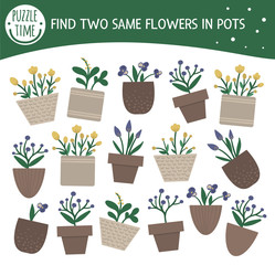 Find two same houseplants. Garden themed matching activity for preschool children with cute home plants in pots. Funny spring game for kids. Logical quiz worksheet..
