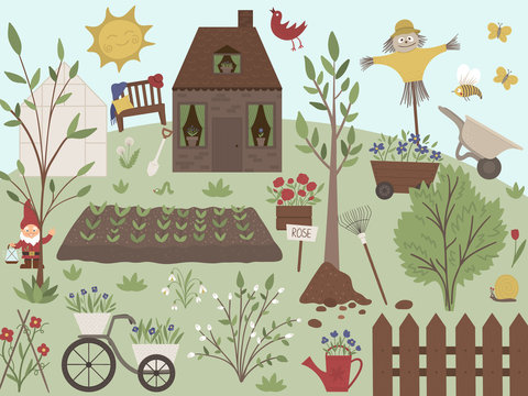 Vector illustration of garden with tools, flowers, herbs, plants. Flat spring scene with a farm or country house with trees, bench, greenhouse, sun, gardening equipment..