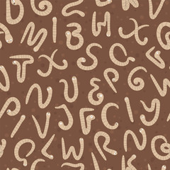 Spring garden themed alphabet seamless pattern for children with worms. Cute flat ABC repeating background with insects. Funny texture for teaching reading on brown background..