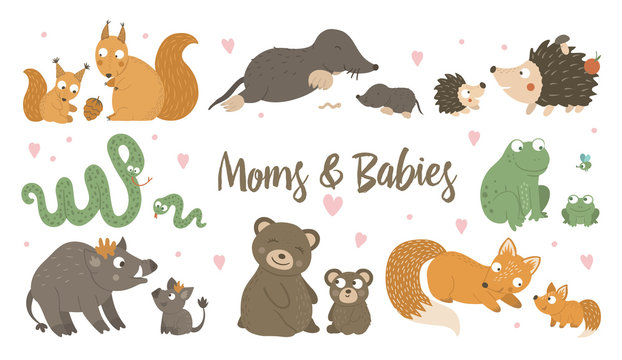 Vector set of hand drawn flat baby animals with parents. Funny woodland animal scene showing family love. Cute forest animalistic illustration for Mother’s Day design.