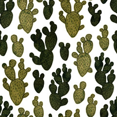 green embroidery cacti from fabric, collage, seamless pattern, handmade  illustration