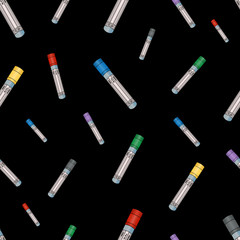 Test tubes. Empty vacuum tubes for several types of analysis of venous blood tests. Seamless vector pattern. An endlessly repeating ornament. Isolated background. Medical topics. Web design, cover.