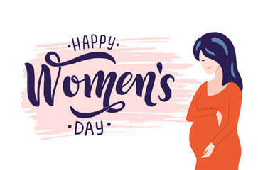 8 march, International Women s Day hand drawn lettering on pink brush stroke. Vector template with cute pregnant woman for card, poster, flyer. Vector illustration isolated on white background.