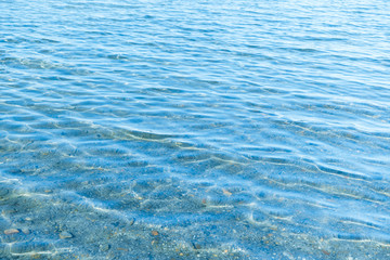 Sea blue water surface with waves near the shore. Background texture.