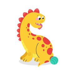 Vector image of a little dinosaur playing with a ball.
