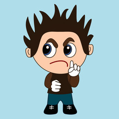 emoji with dissatisfied frowned man stopping unacceptable behavior or warning someone with raised finger, wait a second pose, simple colored emoticon