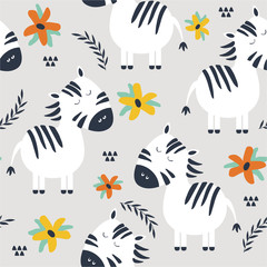 Colorful seamless pattern with zebras, flowers. Decorative cute wallpaper, good for printing. Overlapping colored background vector. Design illustration with animals
