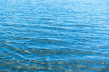Sea blue water surface with waves near the shore. Background texture.