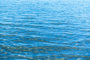 Sea blue water surface with waves near the shore. Background texture.
