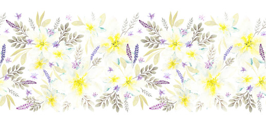 Softness watercolor seamless floral border. Isolated Hand drawn narcissus and abstract purple flowers with leaves on white background. Ornate element for design, card, decoration.