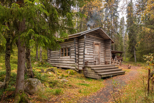 Traditional wooden wilderness hut in Oulanka national park, Finland