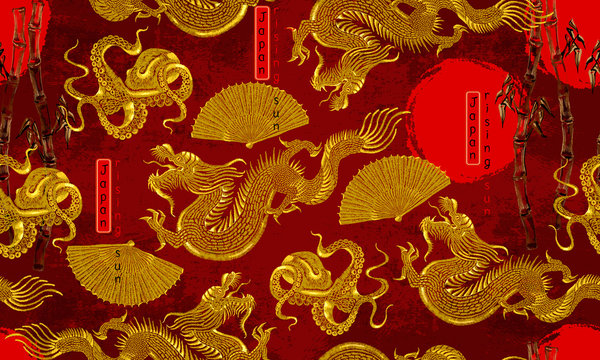 Golden Asian Dragons And Rising Sun. Japan Horizontal Seamless Pattern. Traditional Japanese Culture. Embroidery. Oriental Art. Ancient Style