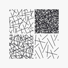 Set of four seamless patterns, textures. Abstract black lines, hatches, strokes