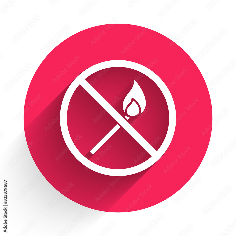 Poster white no fire match icon isolated with long shadow. no open flame. burning match crossed in circle. 