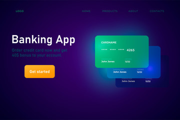 Online banking app website page template with isometric credit cards illustration,