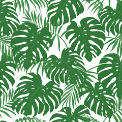 Naklejka na ściany i meble green tropical leaves seamless pattern on white background, exotic flora texture, editable vector illustration for summer decoration, fabric, textile, paper, poster, banner, print