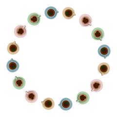 Set of coffee and tea cups beverages in a wreath composition. Mugs of tea and coffee doodles. Hand drawn cartoon style collection of flat drinks. Vector illustration isolated on white background