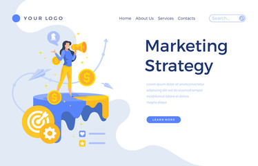 Landing page template marketing strategy concept with office female character