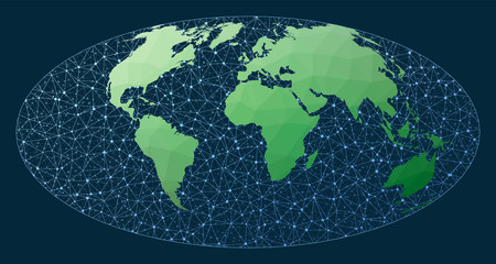 Network map of the world. Hammer projection. Green low poly world map with network background. Superb connections map for infographics or presentation. Vector illustration.