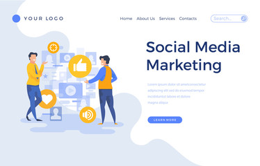 Landing page template social media marketing concept with office people characters.