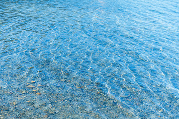 Sea blue water surface with waves near the shore. Background texture.