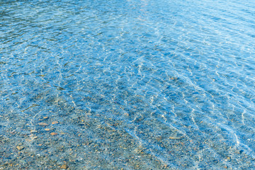 Sea blue water surface with waves near the shore. Background texture.