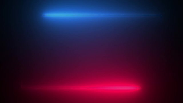 Empty frame with blue, red neon light motion, moving fluorescent light glowing on black background. Blank rectangle frame by neon lights symmetry animation. The best stock neon flickering, blinking