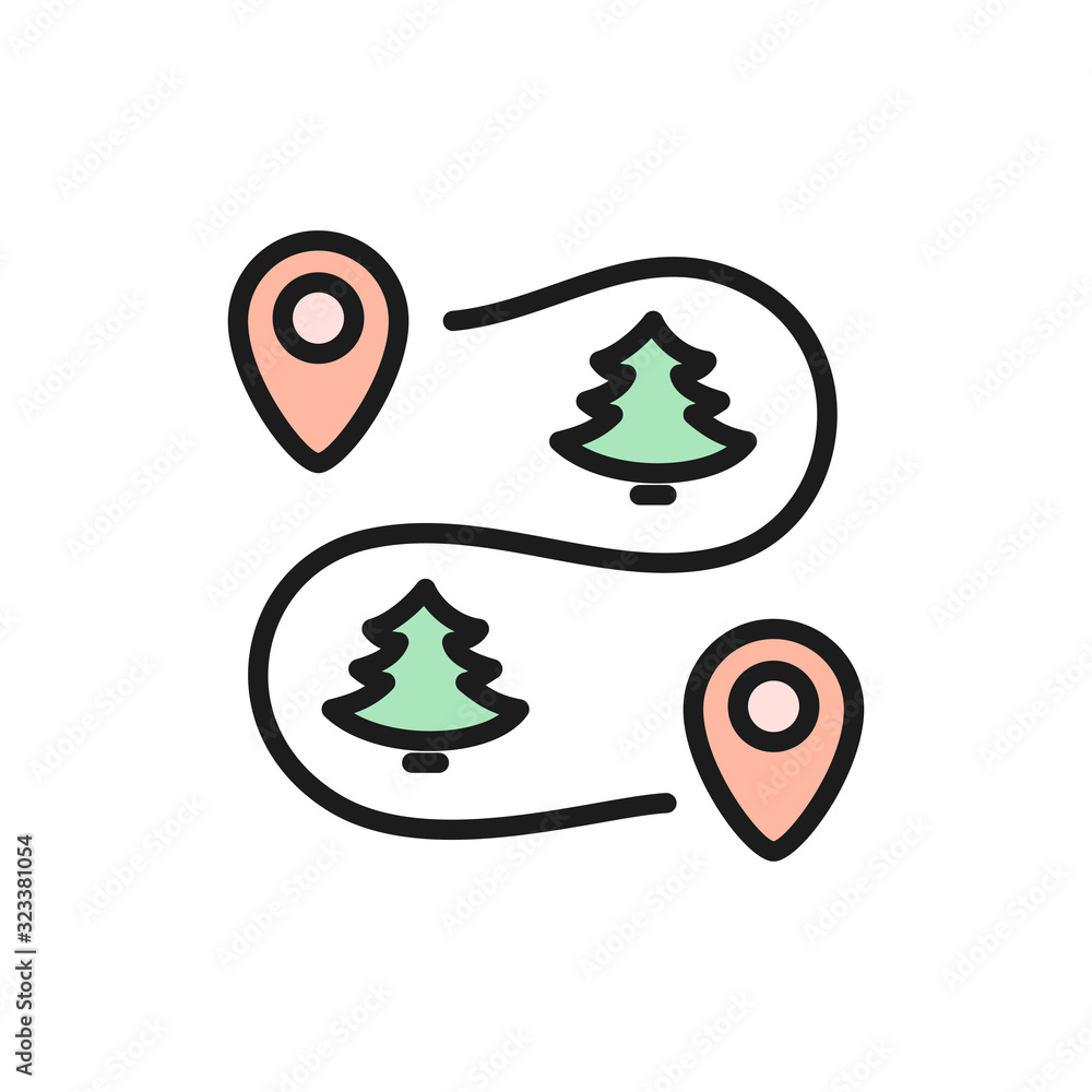 Poster road map scheme with location marks flat color line icon.