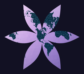 Global network concept. The U.S.-centric Gingery world projection. World network map. Wired globe in Gingery projection on geometric low poly background. Creative vector illustration.