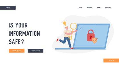 User Remember Lost Account Password Website Landing Page. Happy Man Run with Huge Key in Hands and Glowing Light Bulb above Head to Laptop with Padlock Web Page Banner Cartoon Flat Vector Illustration