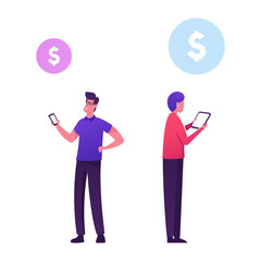 Businessman and Businesswoman Using Gadgets for Money Transfer, Swift, Society Worldwide Interbank Financial Telecommunication, Payment Transaction Service Technology Cartoon Flat Vector Illustration