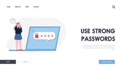 Identification Information for Internet Profile or Account Website Landing Page. Woman at Laptop with Padlock and Stars Trying to Remember Password Web Page Banner. Cartoon Flat Vector Illustration