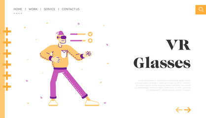 Virtual Reality Recreation Battle Game Website Landing Page. Man in Vr Goggles Fighting. Teenager Futuristic Technology Interactive Combat Web Page Banner. Cartoon Flat Vector Illustration, Line Art
