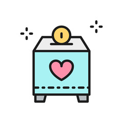 Donate box with money, charity, volunteering flat color line icon.