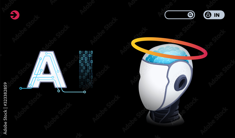 Poster isometric vector image on a black background in the form of a landing, the head of a robot with a ha