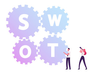 Businessman Moving Huge Cogwheels with Swot Typography, Businesswoman Looking through Spyglass, Method of Strategy Planning, Business Instrument, Vision Concept. Cartoon Flat Vector Illustration