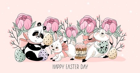 Cute Easter Bunny and Panda with hand-drawn phrase 