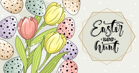 Easter wreath with flowers, branches and eggs. Inscription Happy Easter Day. For textiles, postcards, and Wallpapers.  Printing on fabric, paper, cards, invitations.