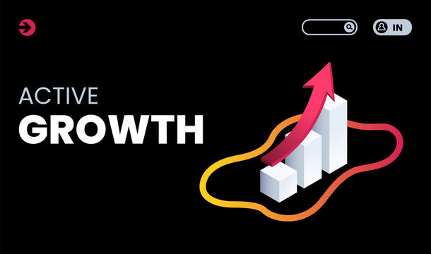 isometric vector image on a black background in the form of a landing, a growing graph with an arrow above it, active growth