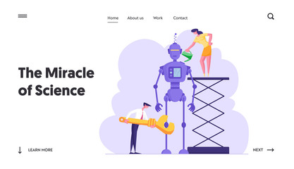 Cyborg Creating Process Website Landing Page. Engineers or Business People Characters Set Up Huge Ai Robot. Woman Work with Oiler, Man with Wrench Web Page Banner. Cartoon Flat Vector Illustration