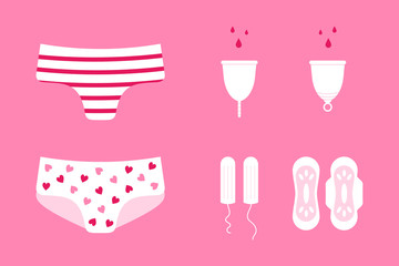 Set, collection of vector cartoon style icons for female hygiene design. 