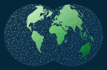 Global network concept. Nicolosi projection. Green low poly world map with network background. Appealing connections map for infographics or presentation. Vector illustration.