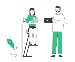 Young Man and Woman Relax in Cafe Sitting at Table with Coffee Cups, Laptop and Tablet in Hands. People Visiting Restaurant, Customers in Recreational Place. Cartoon Flat Vector Illustration, Line Art