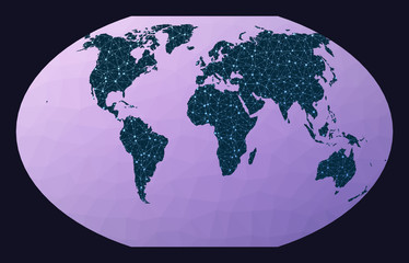 World map with nodes. Winkel tripel projection. World network map. Wired globe in Winkel 3 projection on geometric low poly background. Modern vector illustration.