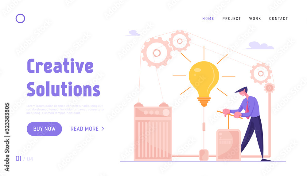 Aufkleber creative idea, brainstorm, searching task solution website landing page. businessman push huge lever
