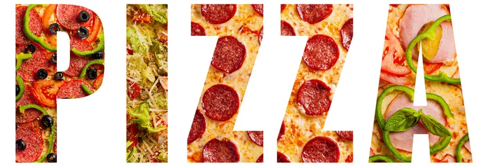 Schilderijen op glas Word pizza met structuurpatroon van verschillende pizza& 39 s voor elke letter. Concept voor restaurants, posters, banners, advertenties en blogs. Geïsoleerd op een witte achtergrond. © Tigran Gasparyan