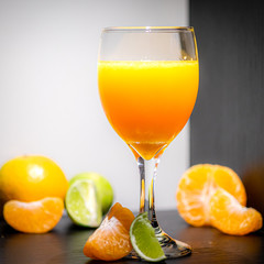 Soft Focus,Close-up shot, squeezed orange juice with lemon juice separating the perfect flavor, citrus scent of lemon, squeezed orange juice, lemon orange juice